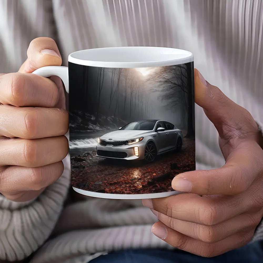Kia Optima Sedan Parked In Misty Forest – Mugs