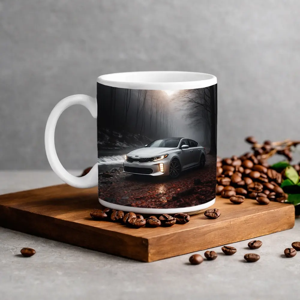 Kia Optima Sedan Parked In Misty Forest – Mugs