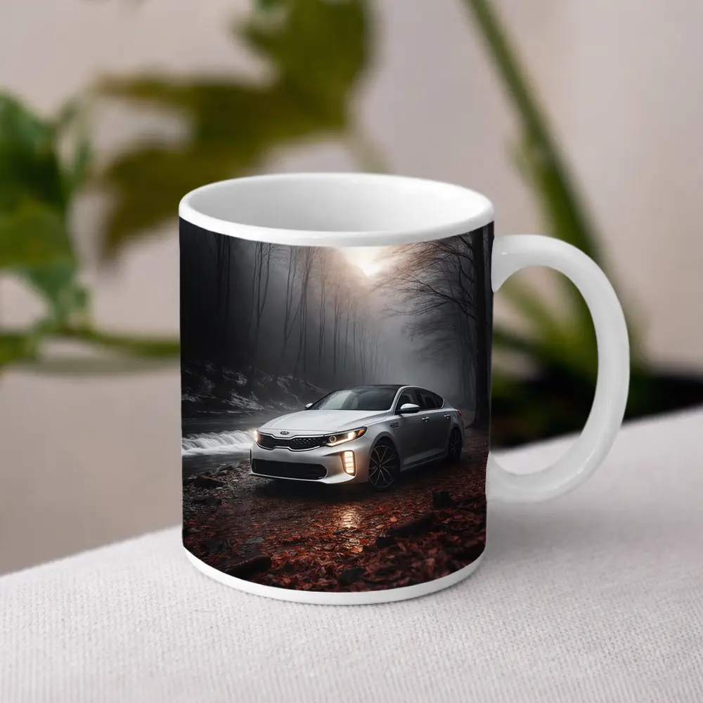 Kia Optima Sedan Parked In Misty Forest – Mugs