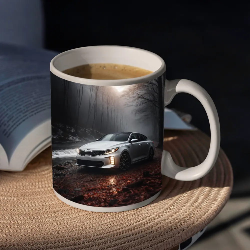 Kia Optima Sedan Parked In Misty Forest – Mugs