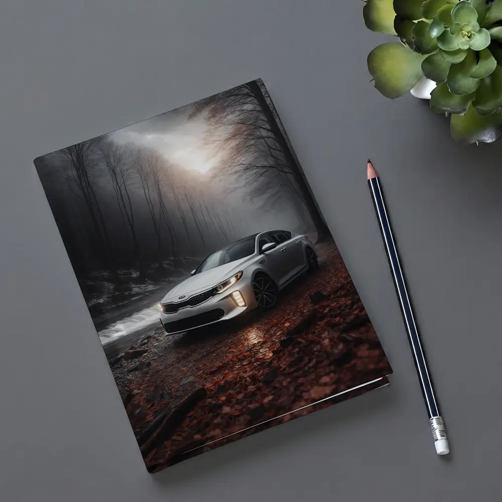 Kia Optima Sedan Parked In Misty Forest – Notebooks