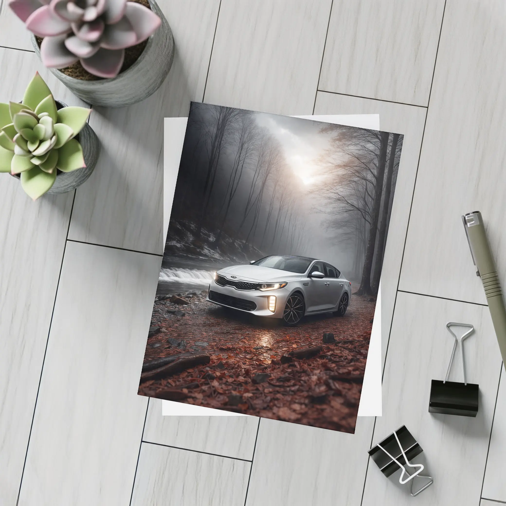 Kia Optima Sedan Parked In Misty Forest – Postcards