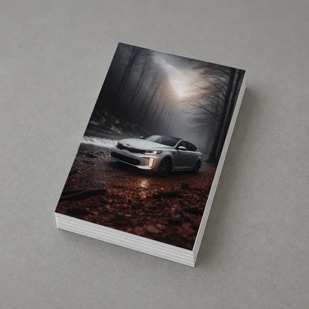 Kia Optima Sedan Parked In Misty Forest – Postcards