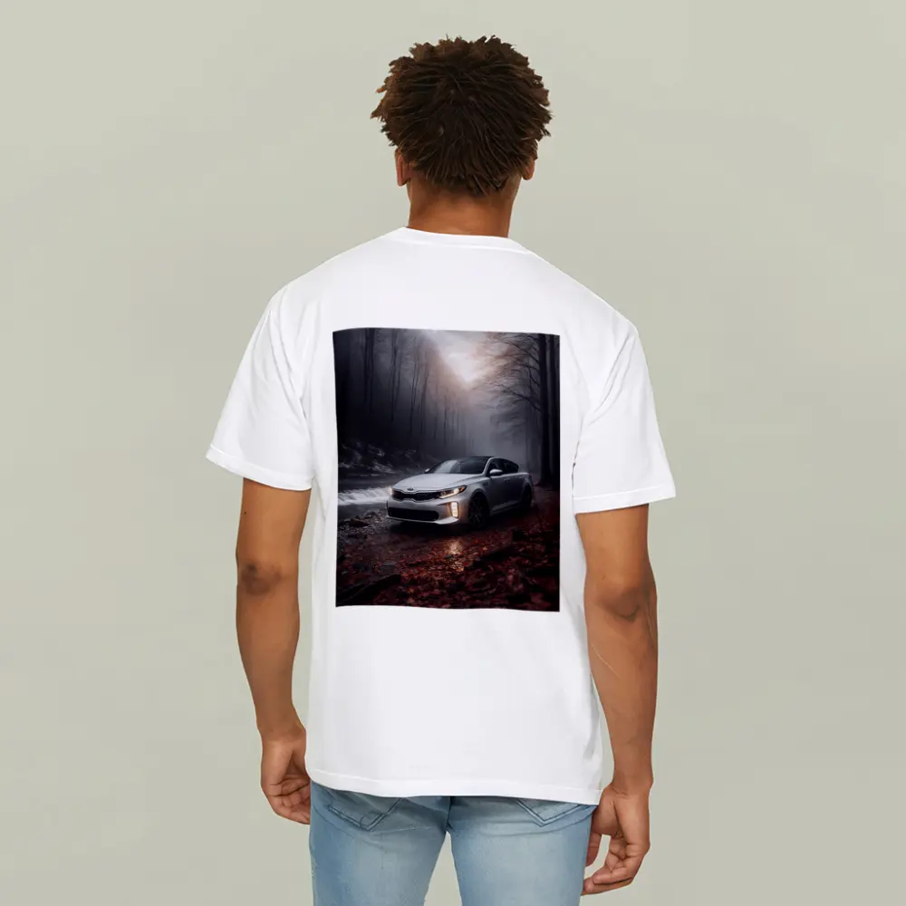Kia Optima Sedan Parked In Misty Forest – T-Shirts