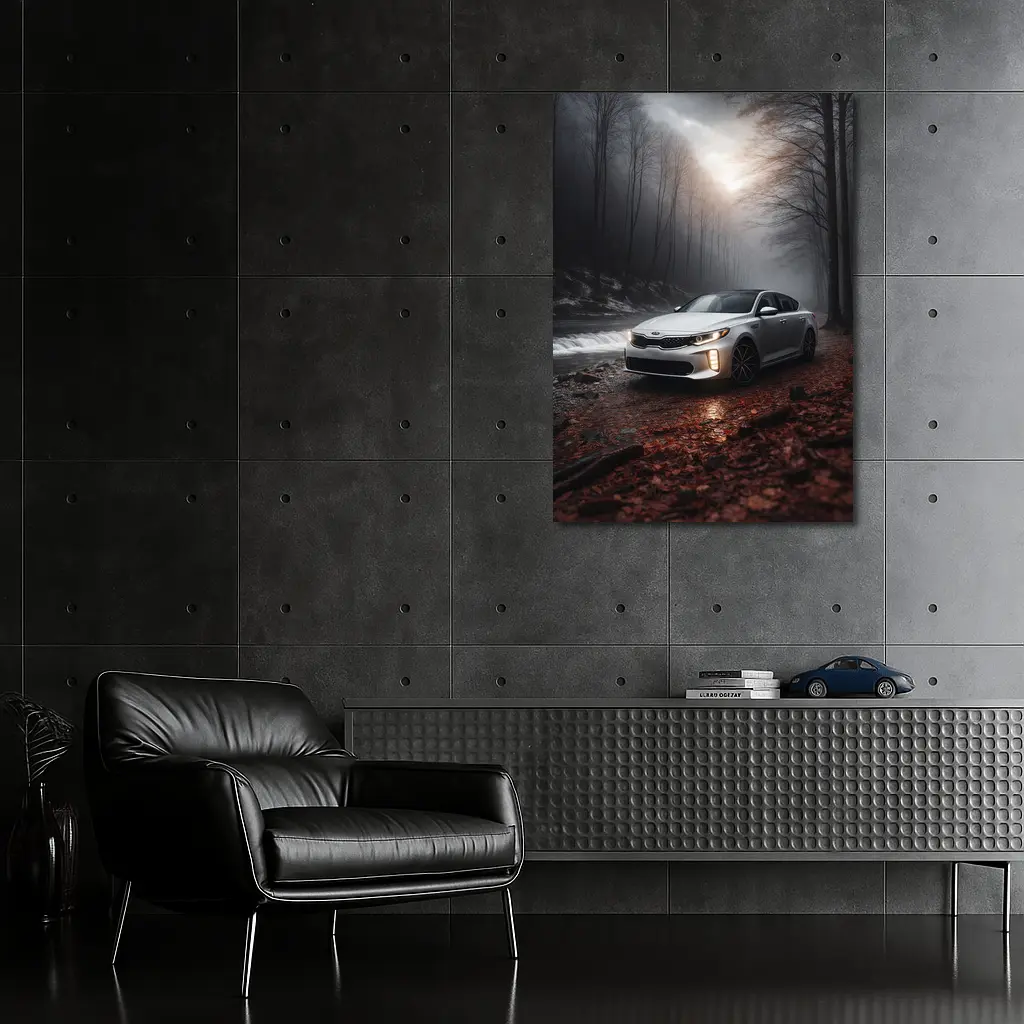 Kia Optima Sedan Parked In Misty Forest – Wall Art