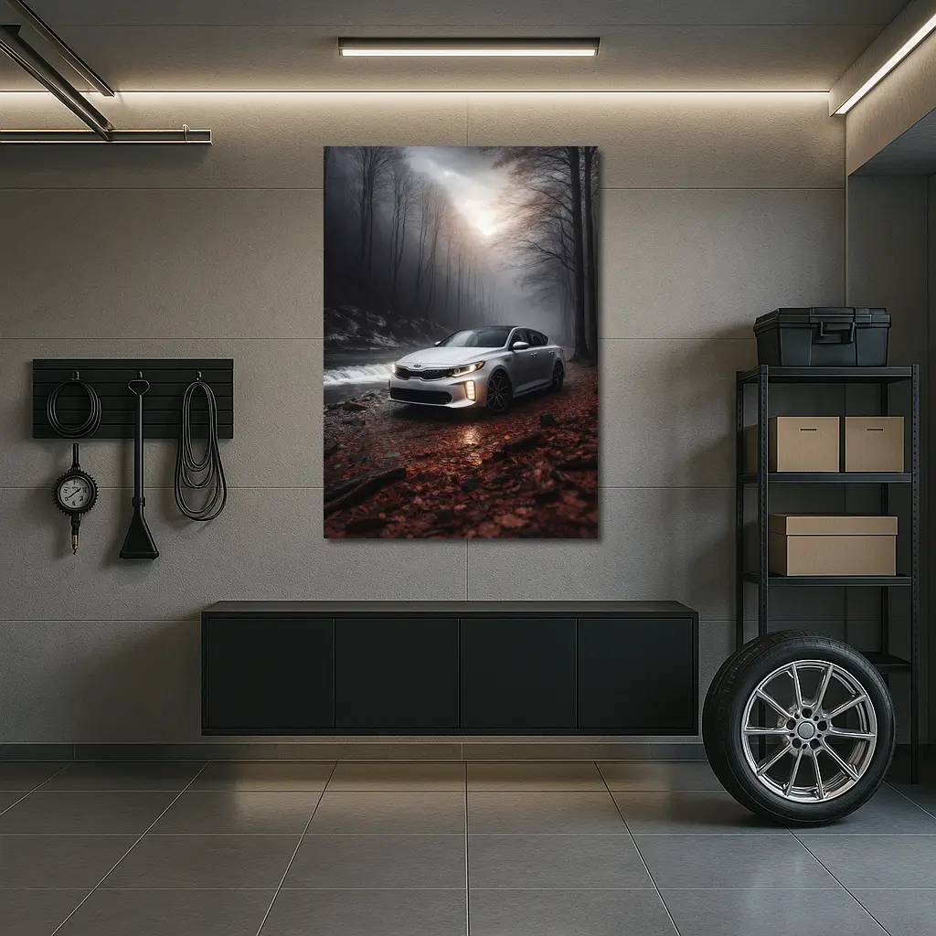 Kia Optima Sedan Parked In Misty Forest – Wall Art