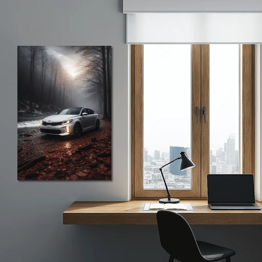 Kia Optima Sedan Parked In Misty Forest – Wall Art