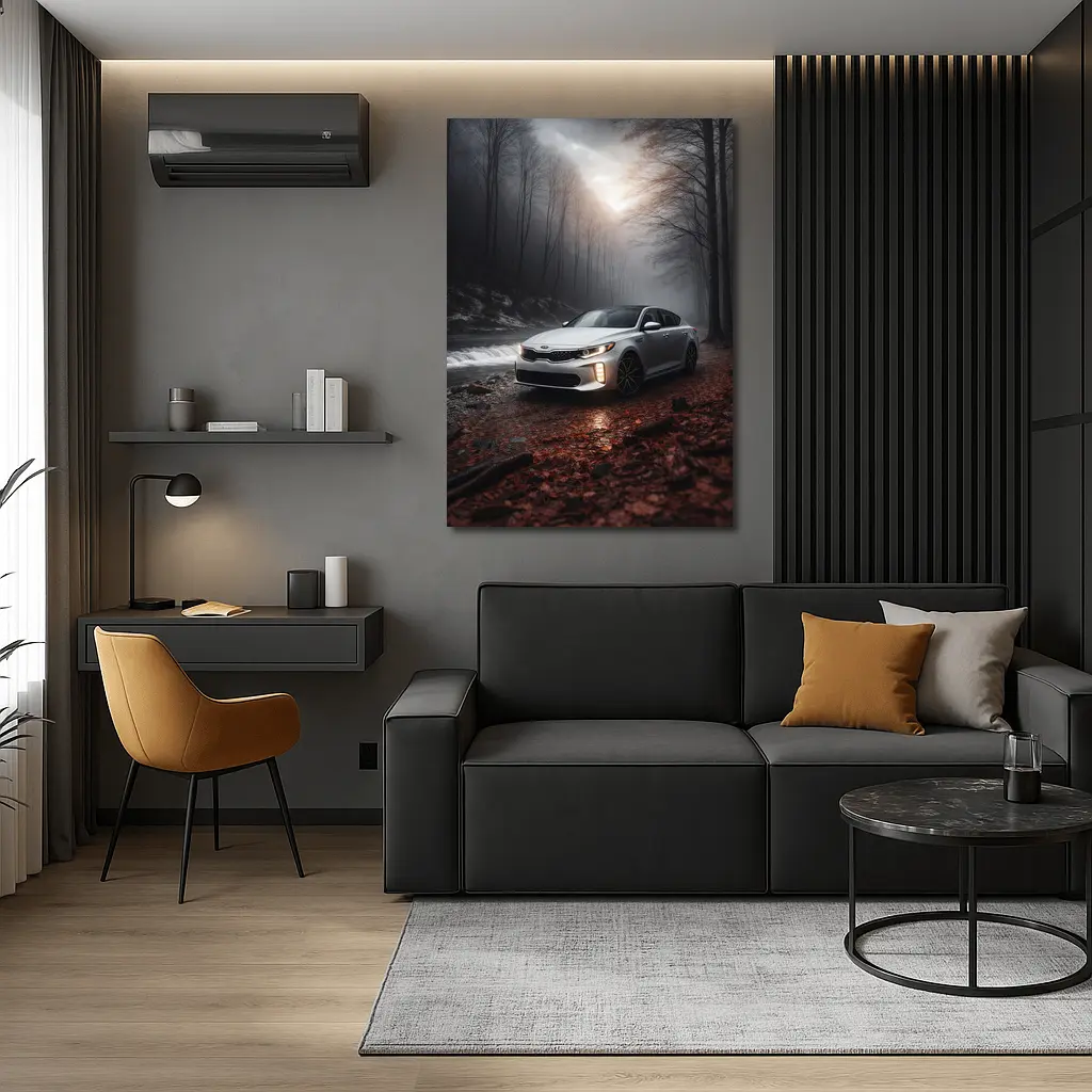 Kia Optima Sedan Parked In Misty Forest – Wall Art