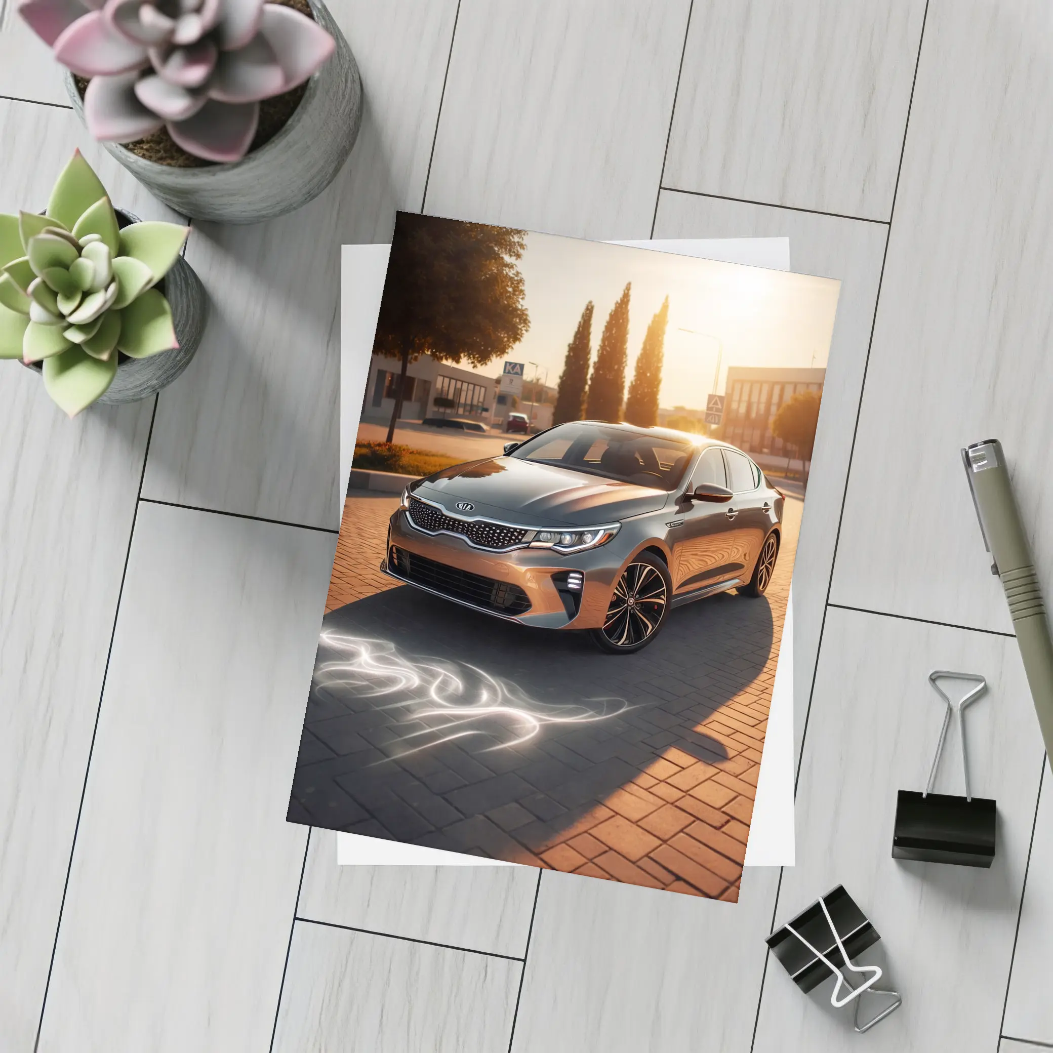 Kia Optima Sedan Glowing Sunset Street Scene – Postcards