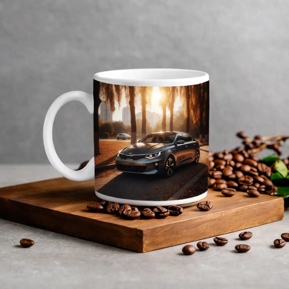 Kia Optima Sedan Parked Under Autumn Trees – Mugs