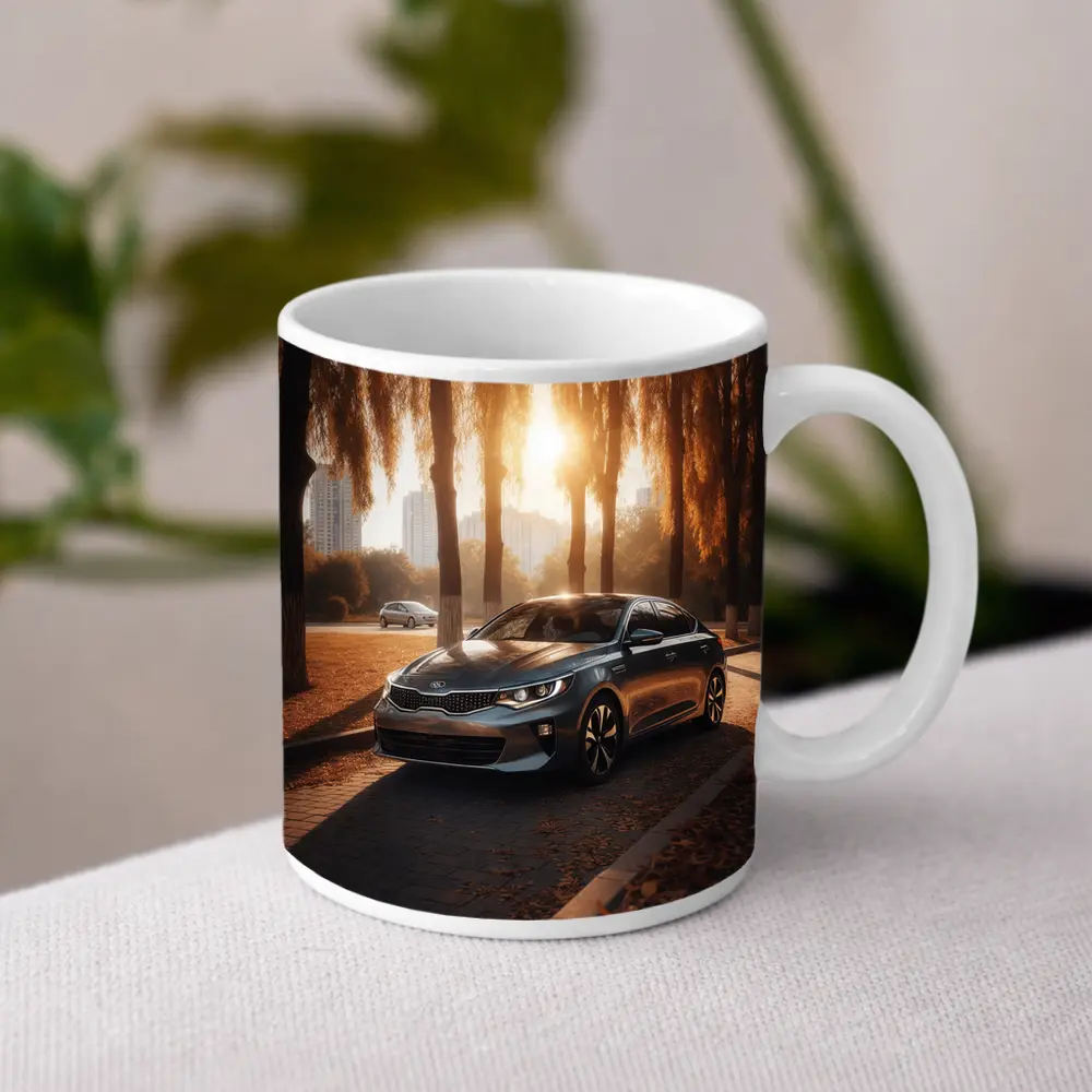 Kia Optima Sedan Parked Under Autumn Trees – Mugs