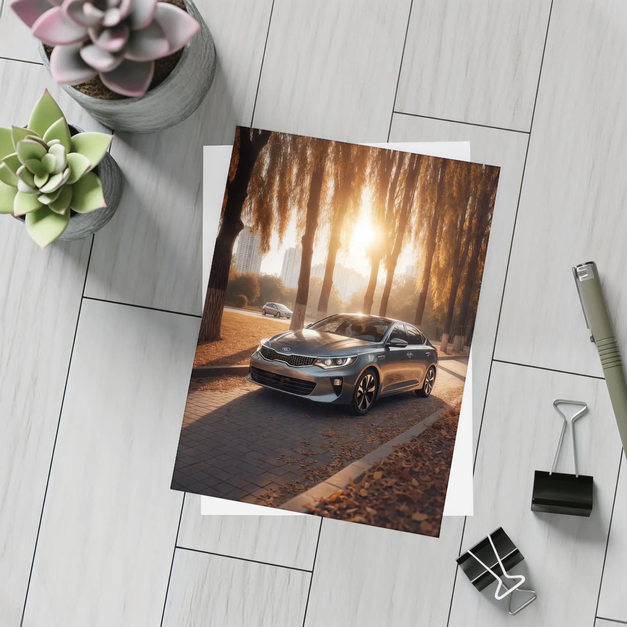Kia Optima Sedan Parked Under Autumn Trees – Postcards