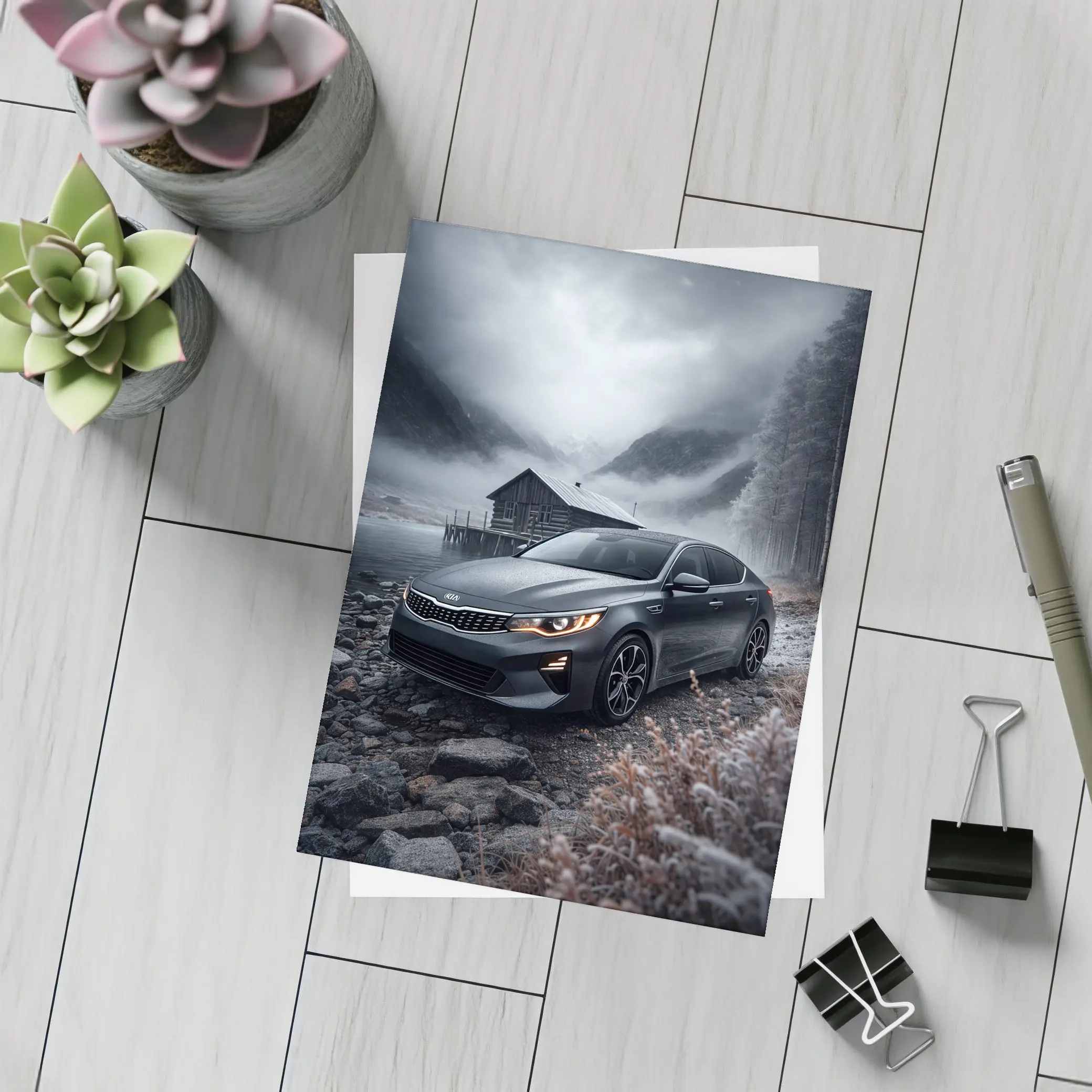 Kia Optima Sedan Moody Winter Mountain Scene – Postcards