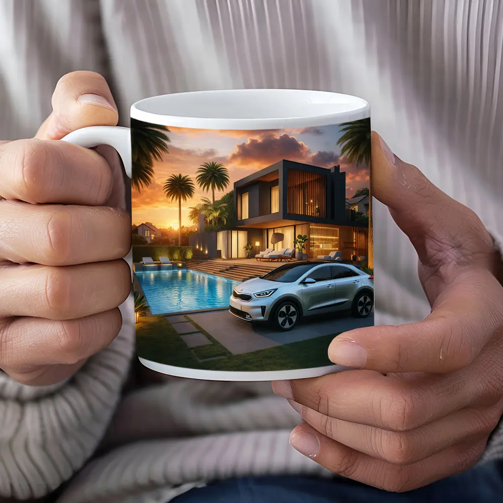 Kia Niro SUV Parked By Luxury Villa – Mugs