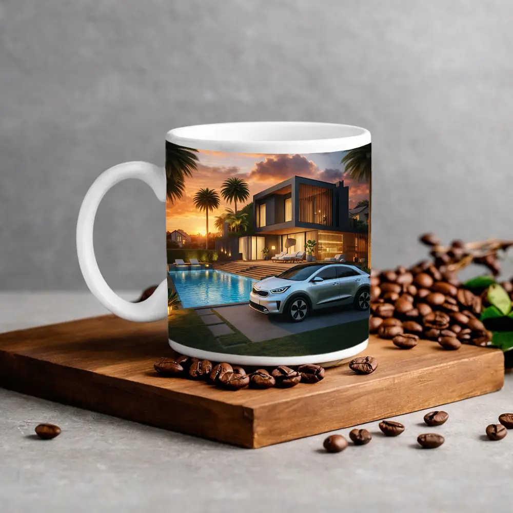 Kia Niro SUV Parked By Luxury Villa – Mugs