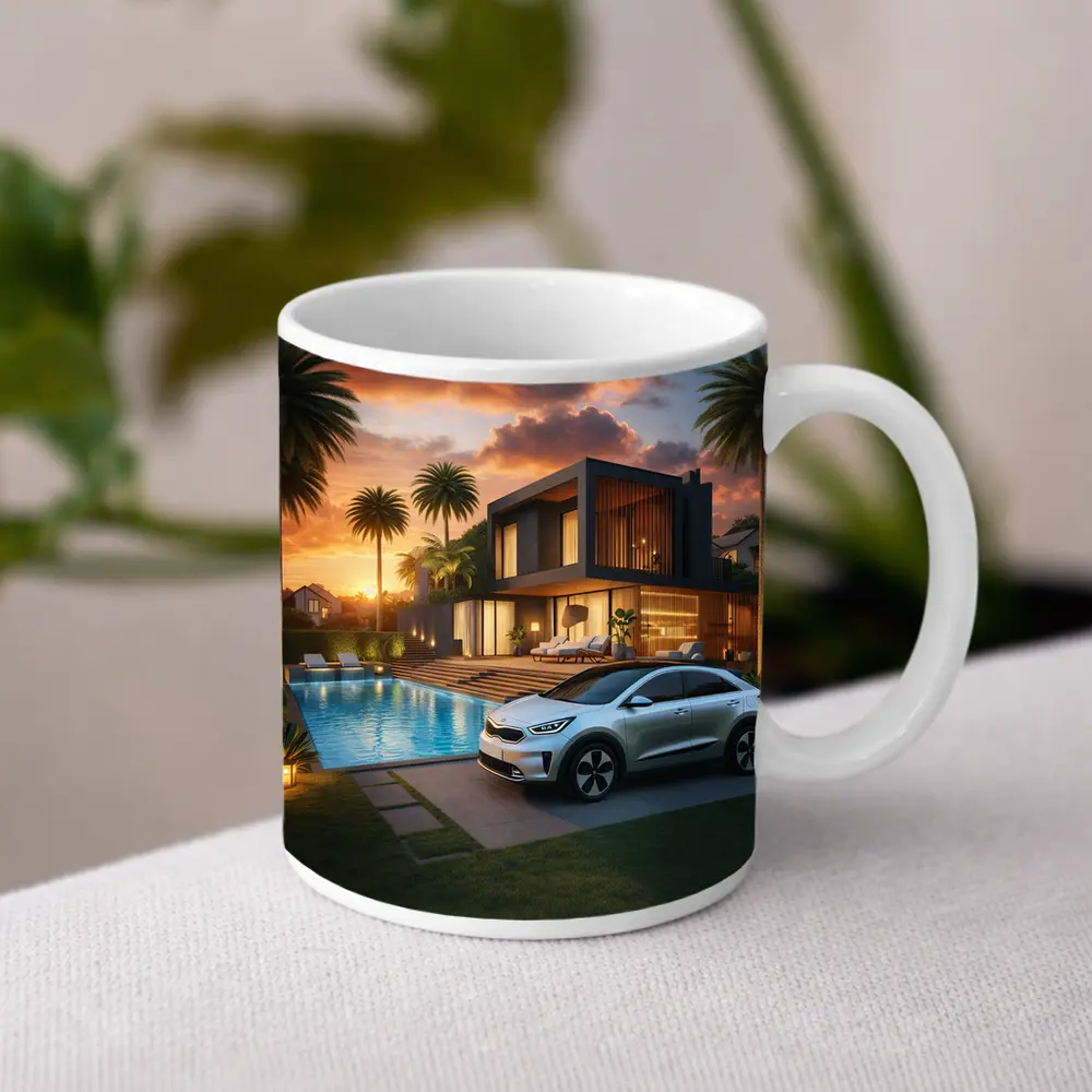 Kia Niro SUV Parked By Luxury Villa – Mugs