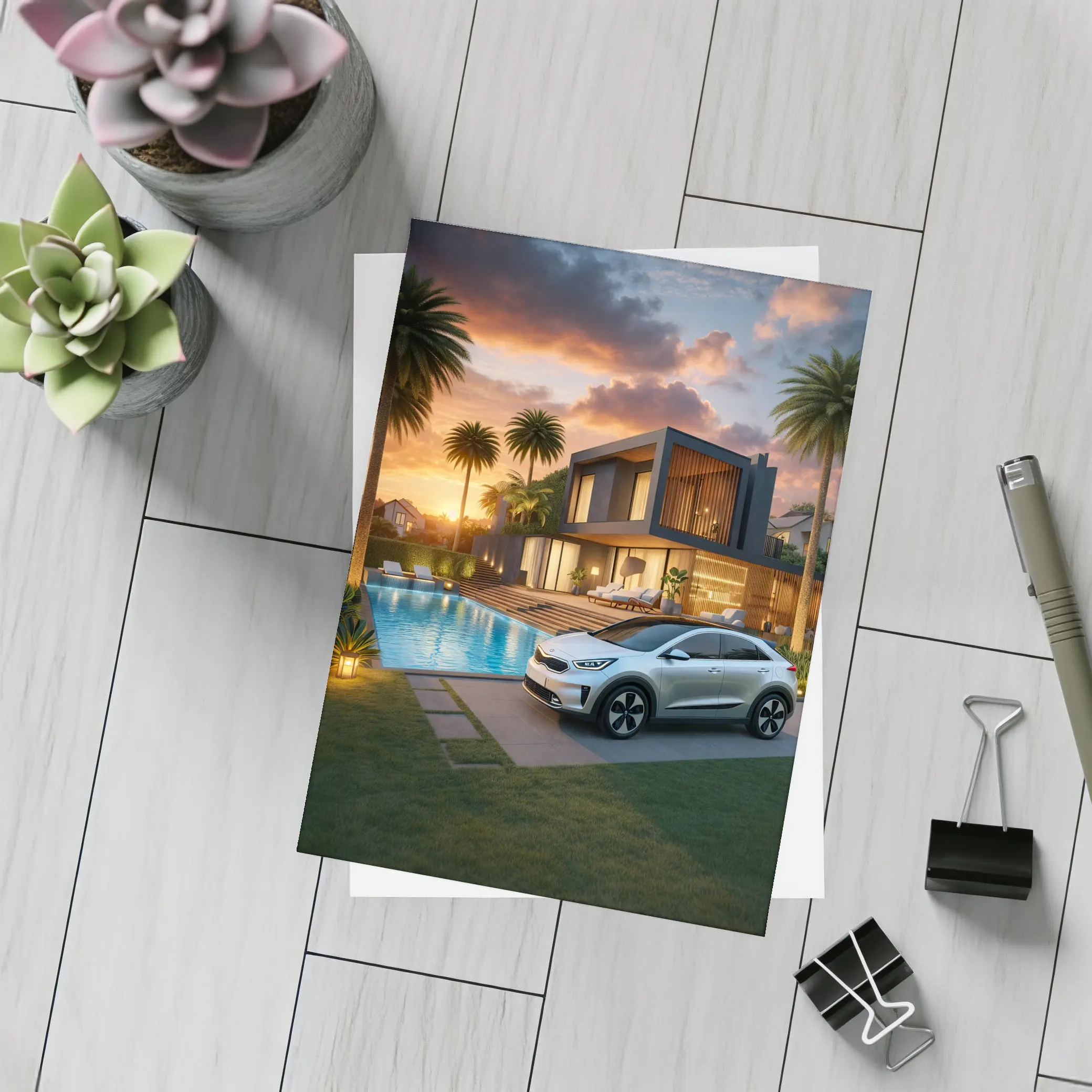 Kia Niro SUV Parked By Luxury Villa – Postcards