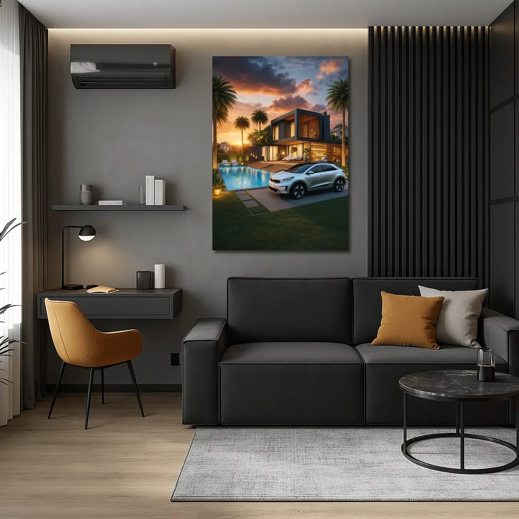 Kia Niro SUV Parked By Luxury Villa – Wall Art