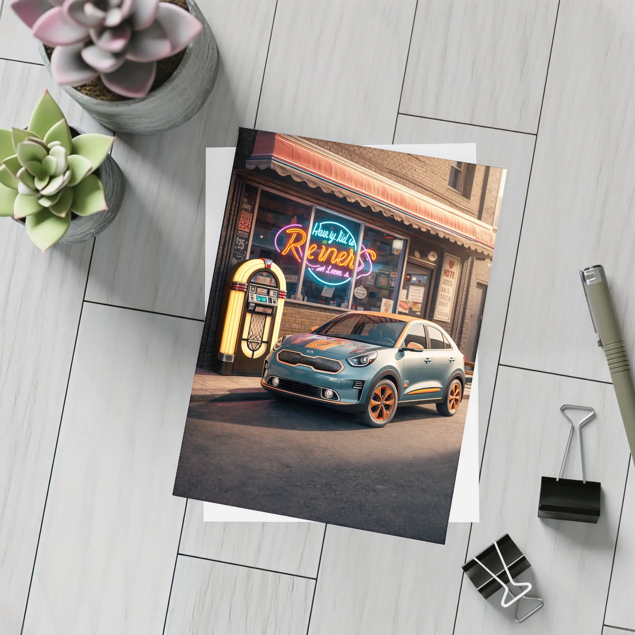 Kia Niro Retro Diner Neon Night Scene – Postcards