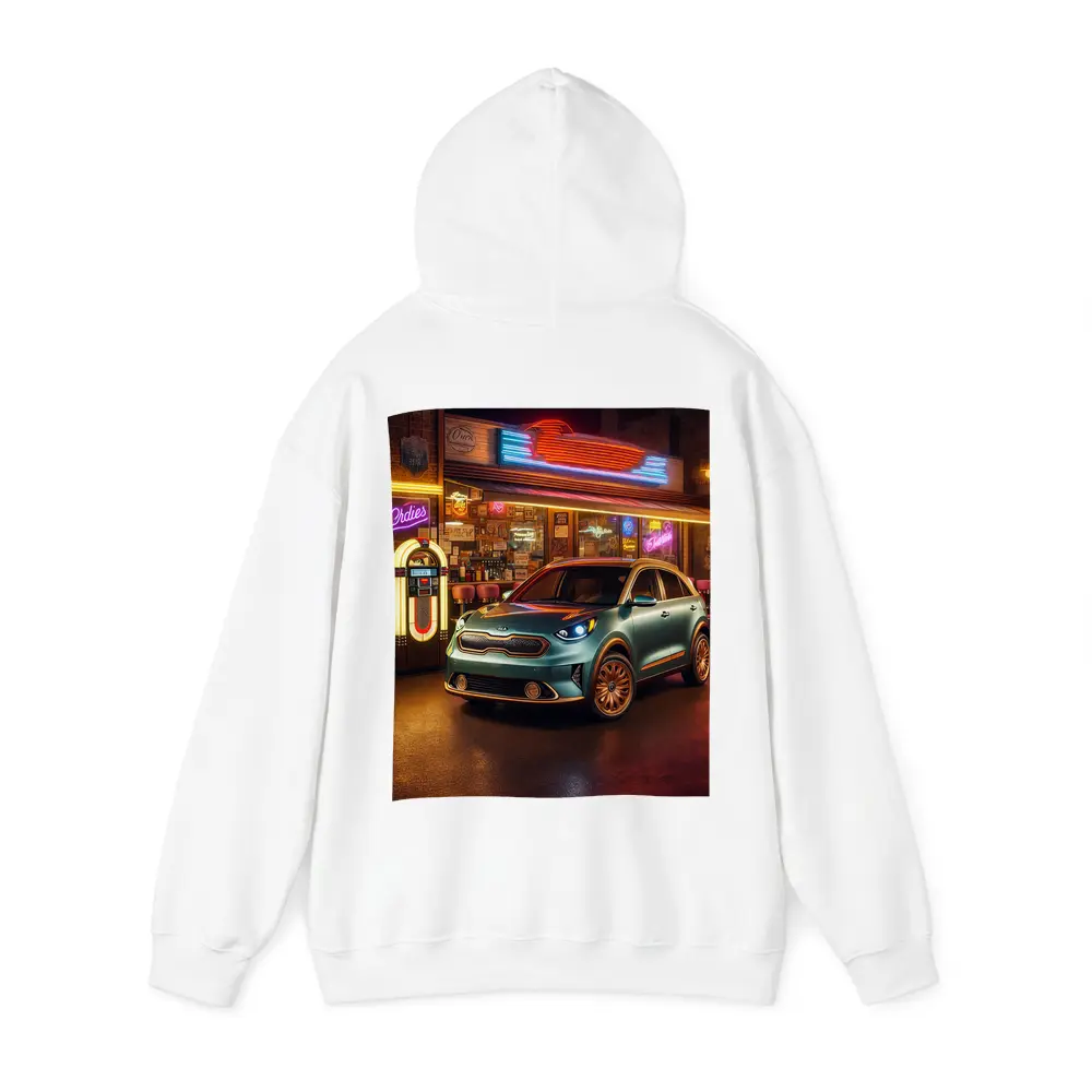 Kia Niro Parked Outside Retro Neon Diner – Hoodies