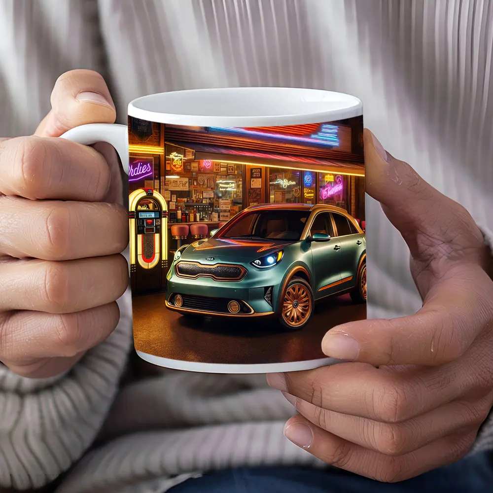 Kia Niro Parked Outside Retro Neon Diner – Mugs