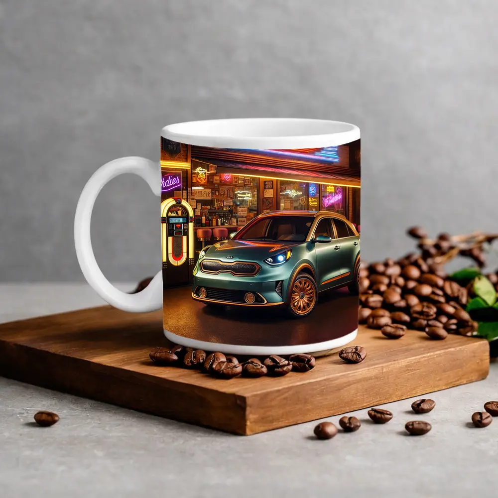 Kia Niro Parked Outside Retro Neon Diner – Mugs