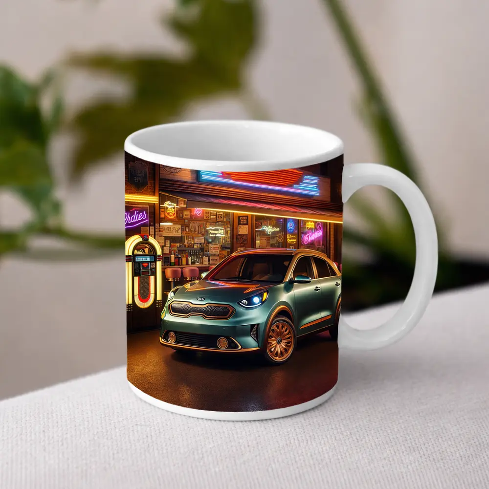 Kia Niro Parked Outside Retro Neon Diner – Mugs