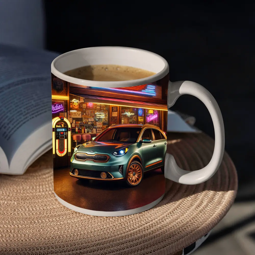 Kia Niro Parked Outside Retro Neon Diner – Mugs