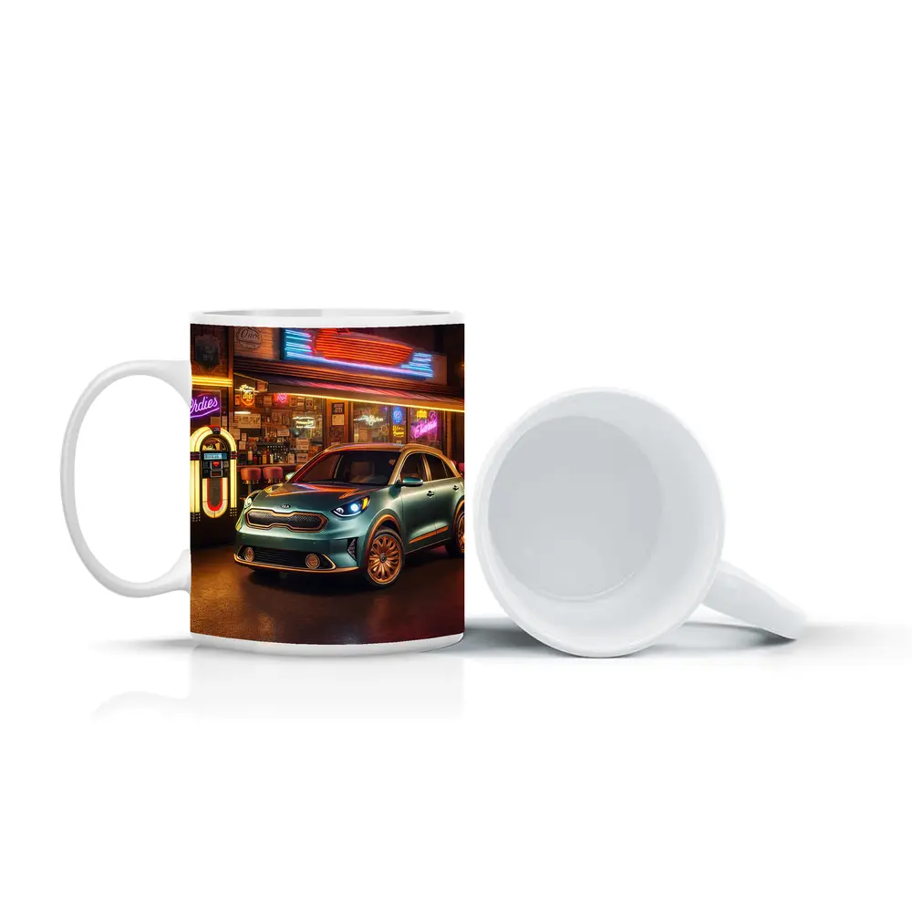 Kia Niro Parked Outside Retro Neon Diner – Mugs