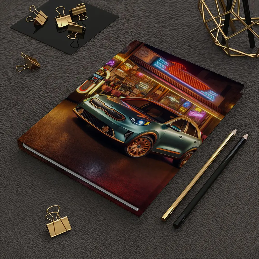 Kia Niro Parked Outside Retro Neon Diner – Notebooks