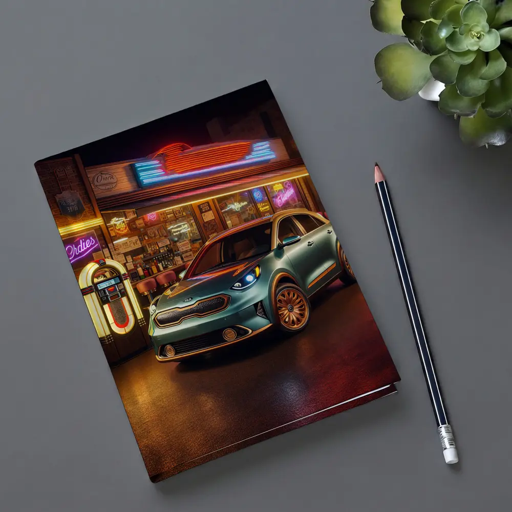Kia Niro Parked Outside Retro Neon Diner – Notebooks