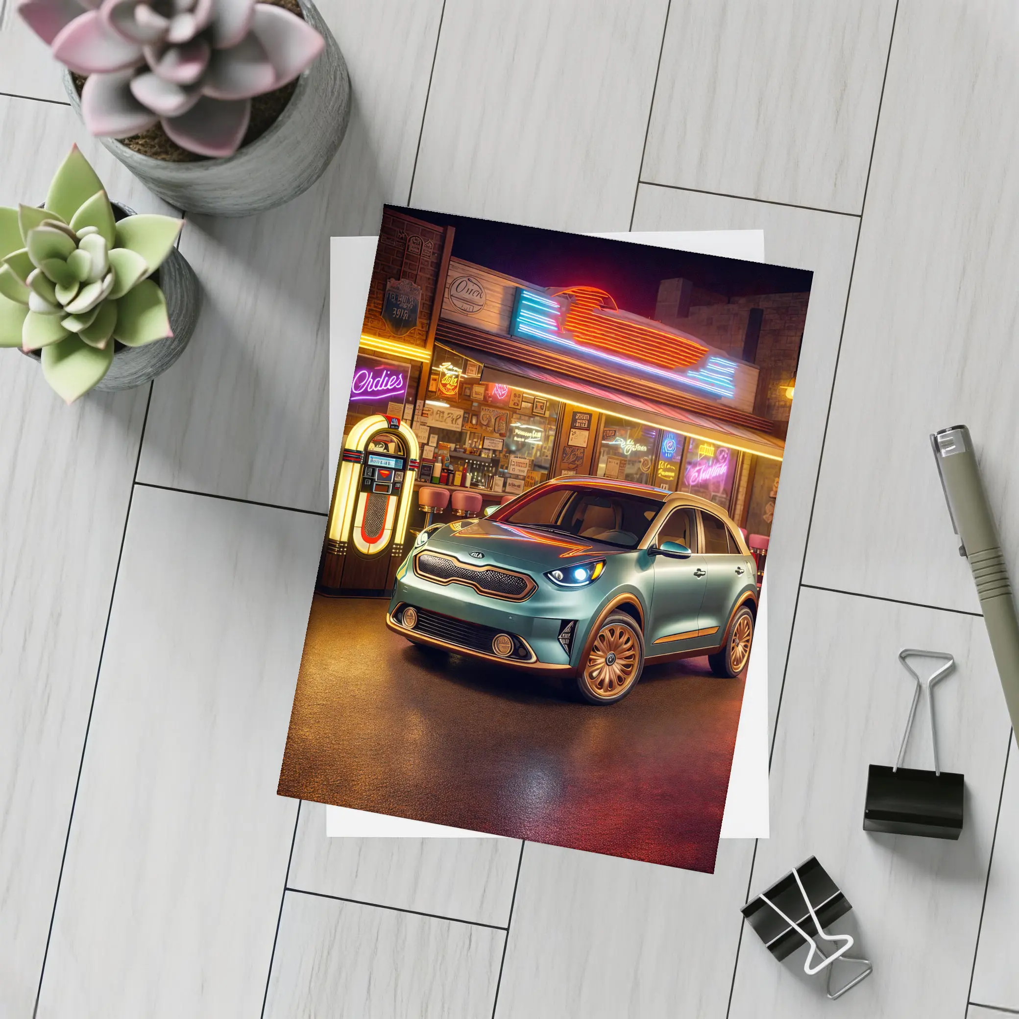 Kia Niro Parked Outside Retro Neon Diner – Postcards