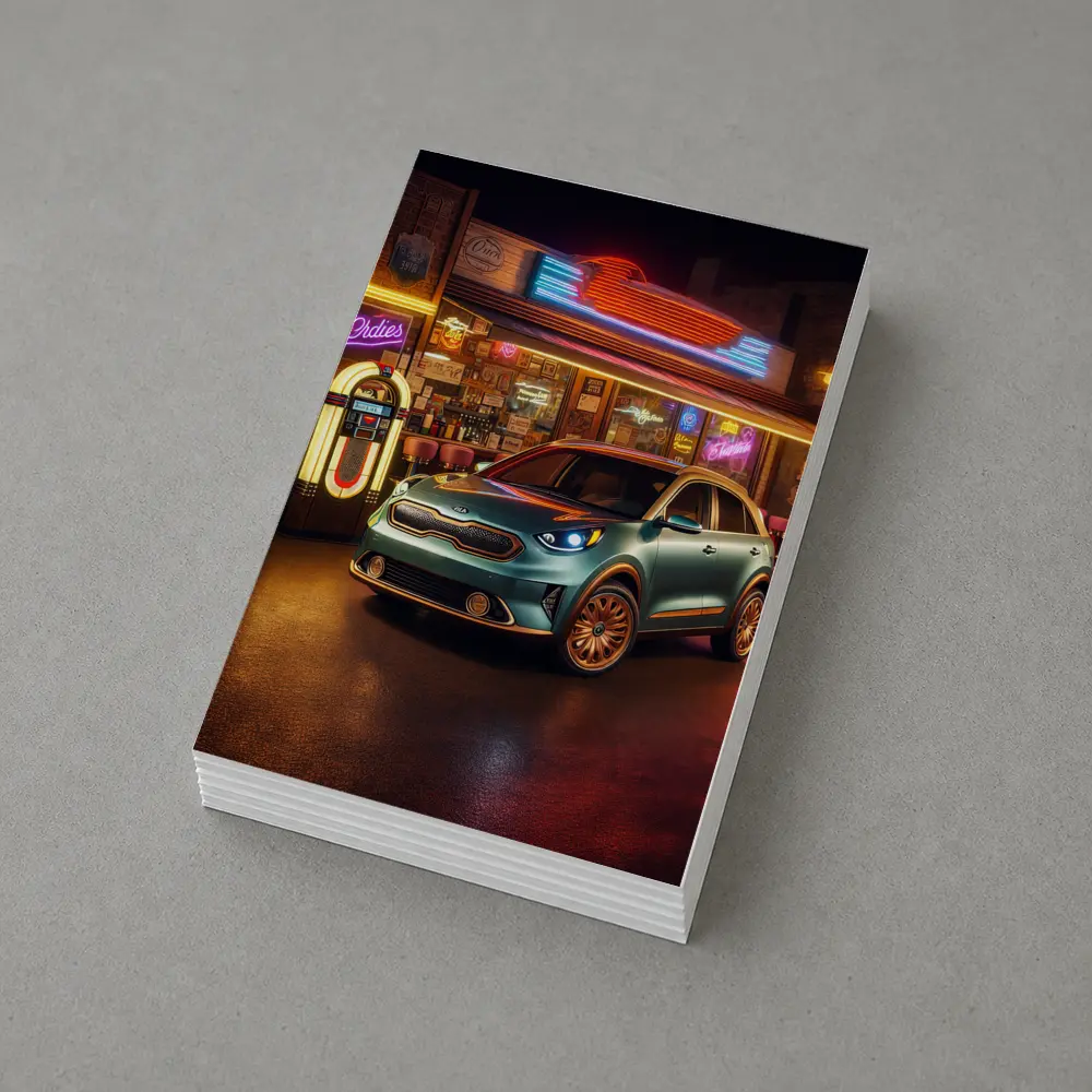 Kia Niro Parked Outside Retro Neon Diner – Postcards