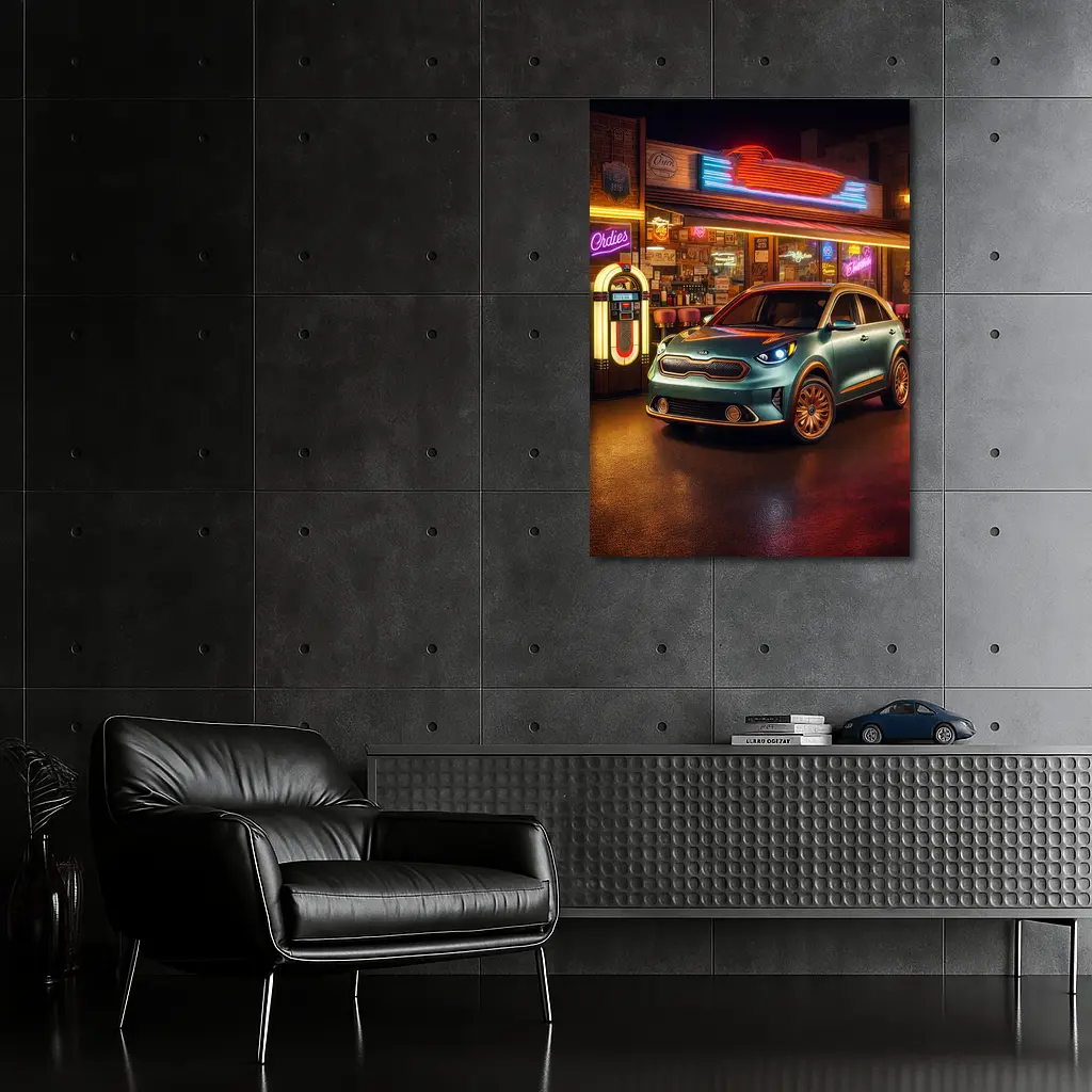 Kia Niro Parked Outside Retro Neon Diner – Wall Art