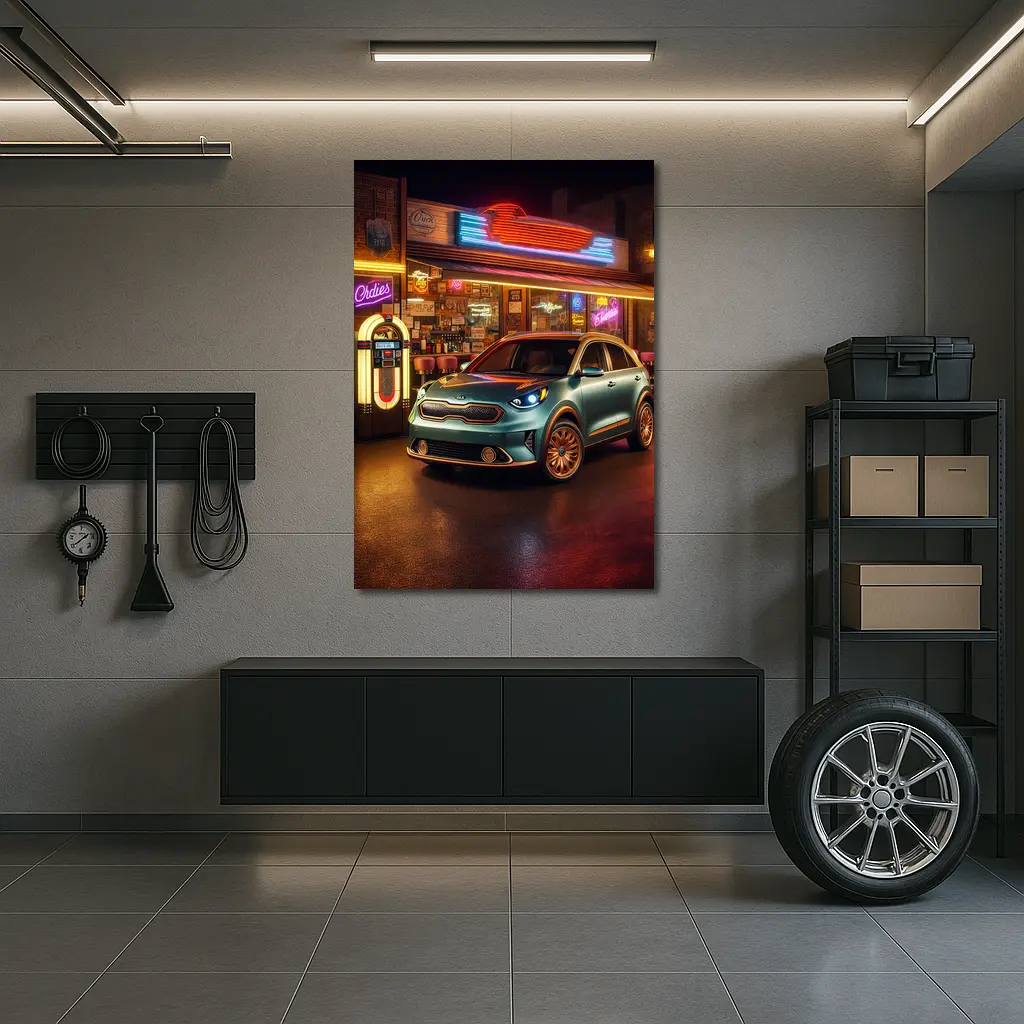 Kia Niro Parked Outside Retro Neon Diner – Wall Art