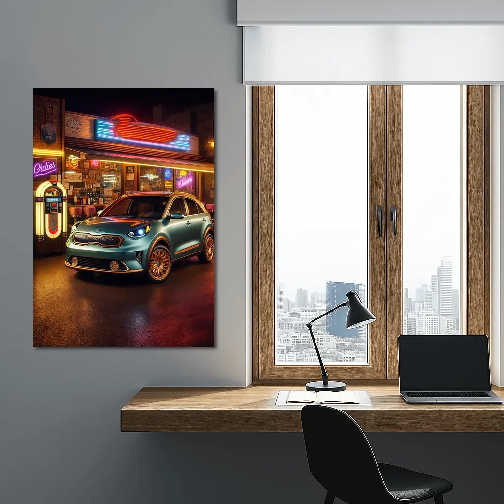 Kia Niro Parked Outside Retro Neon Diner – Wall Art