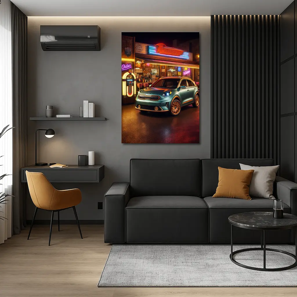 Kia Niro Parked Outside Retro Neon Diner – Wall Art