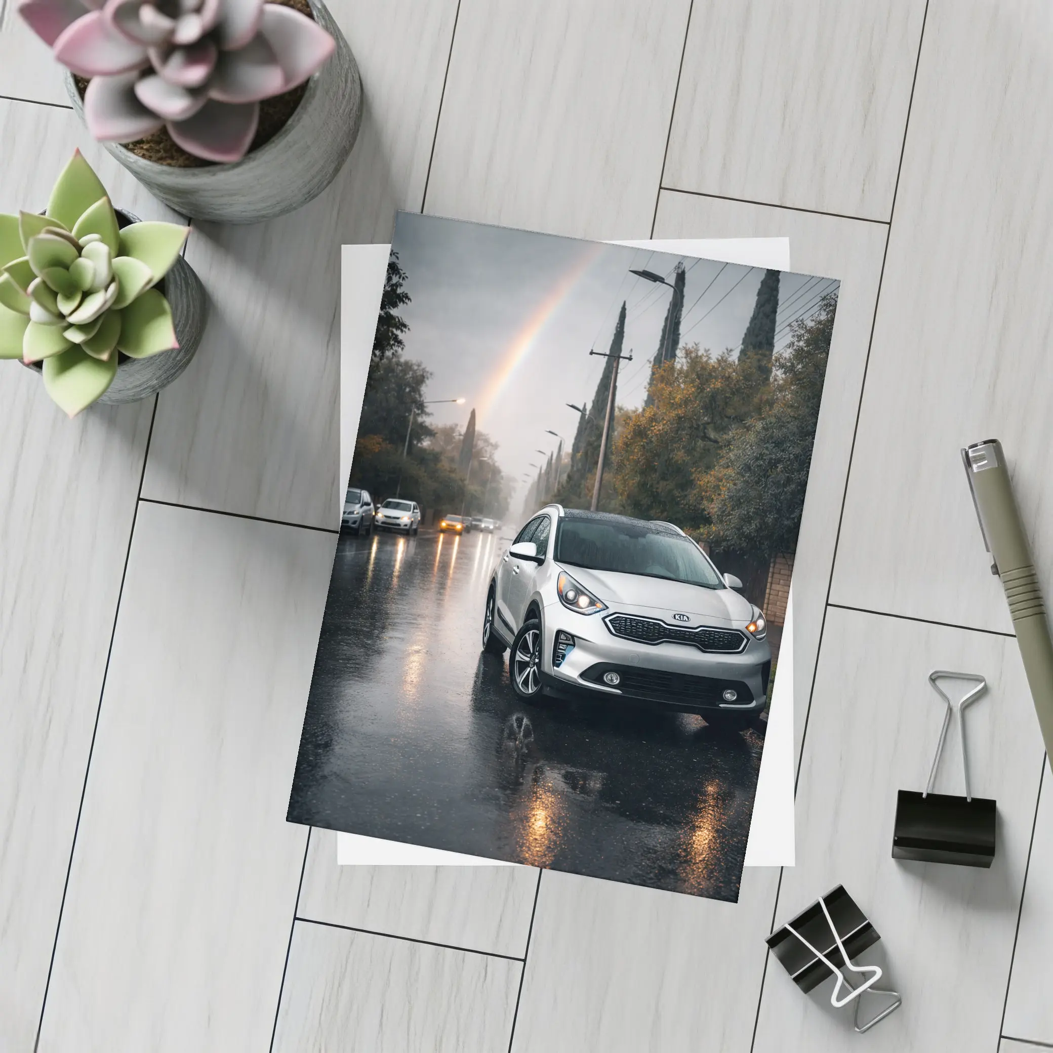Kia Niro Silver Crossover Rainy Street Rainbow – Postcards