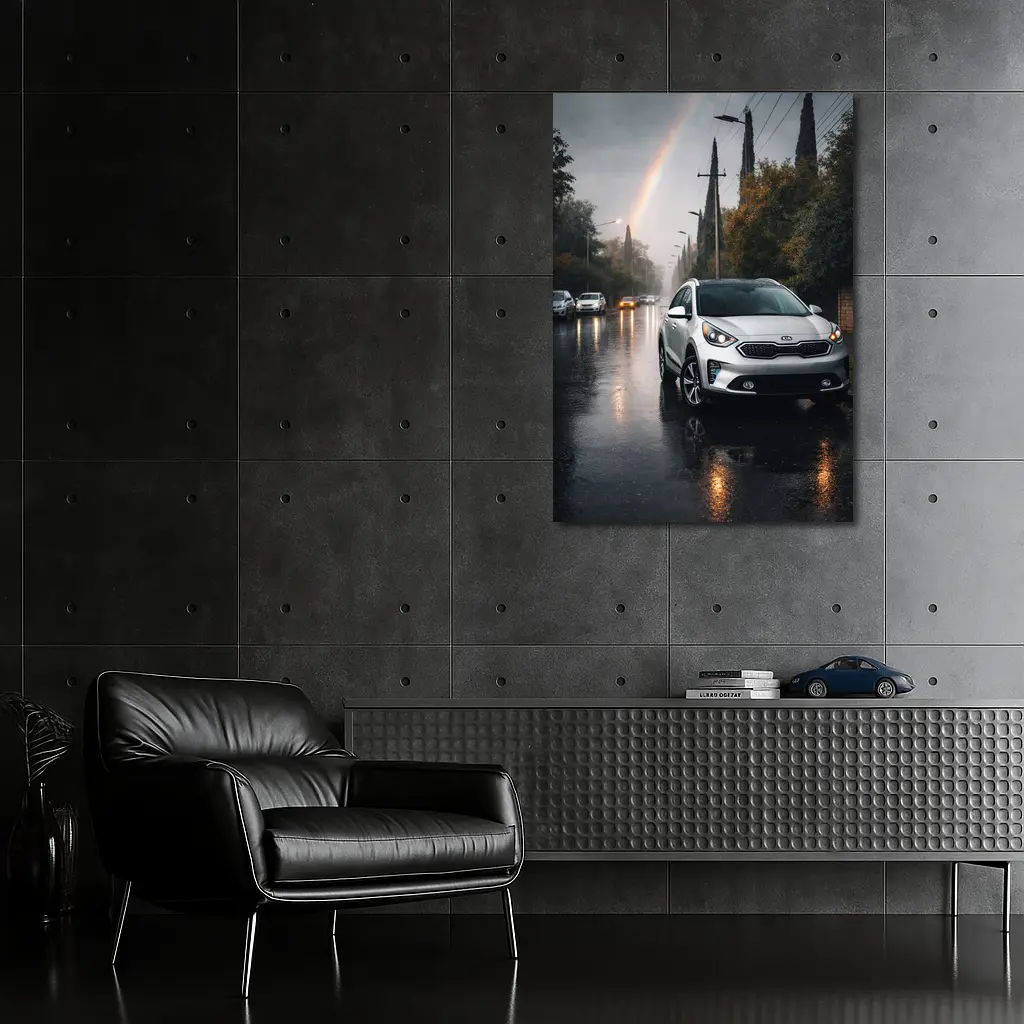 Kia Niro Silver Crossover Rainy Street Rainbow – Wall Art