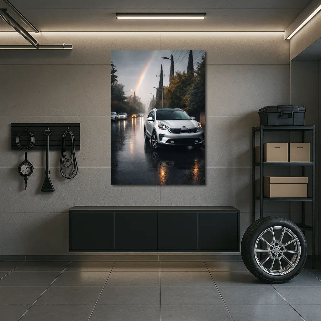 Kia Niro Silver Crossover Rainy Street Rainbow – Wall Art