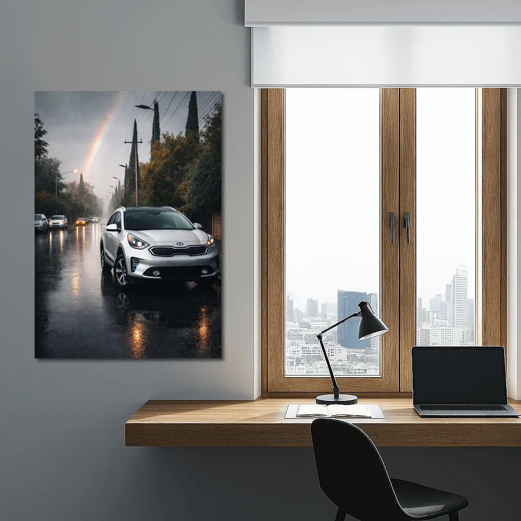 Kia Niro Silver Crossover Rainy Street Rainbow – Wall Art