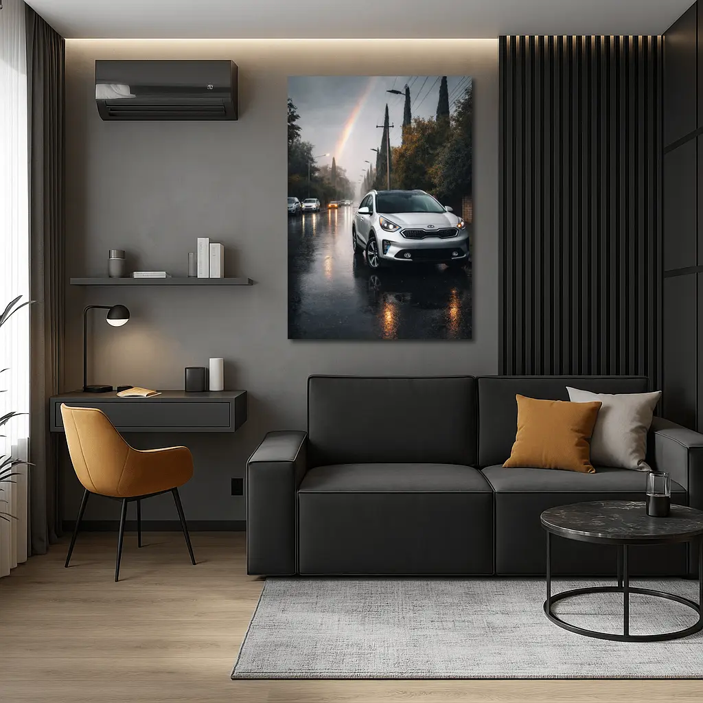 Kia Niro Silver Crossover Rainy Street Rainbow – Wall Art