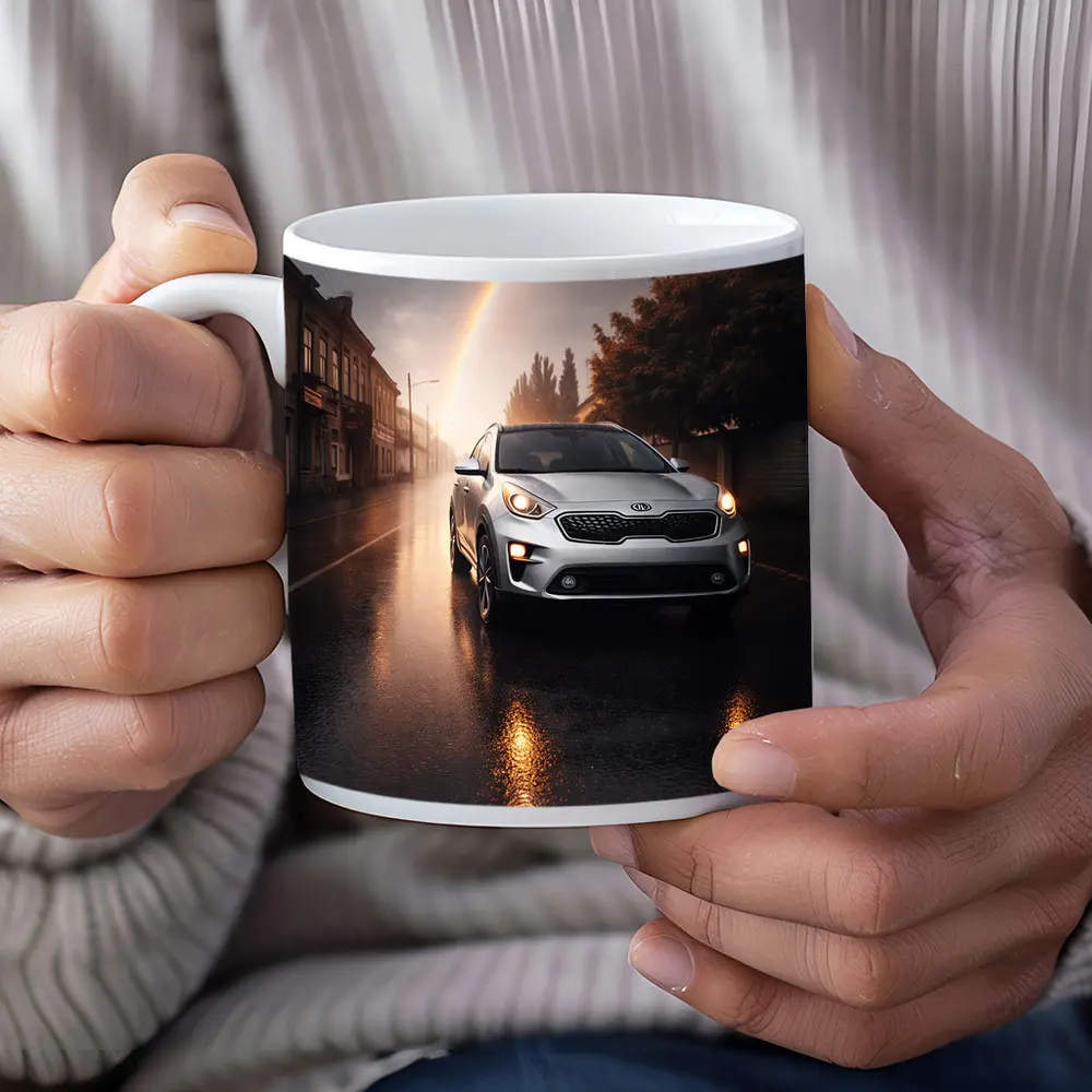 Kia Niro SUV on Rainy Street Rainbow – Mugs