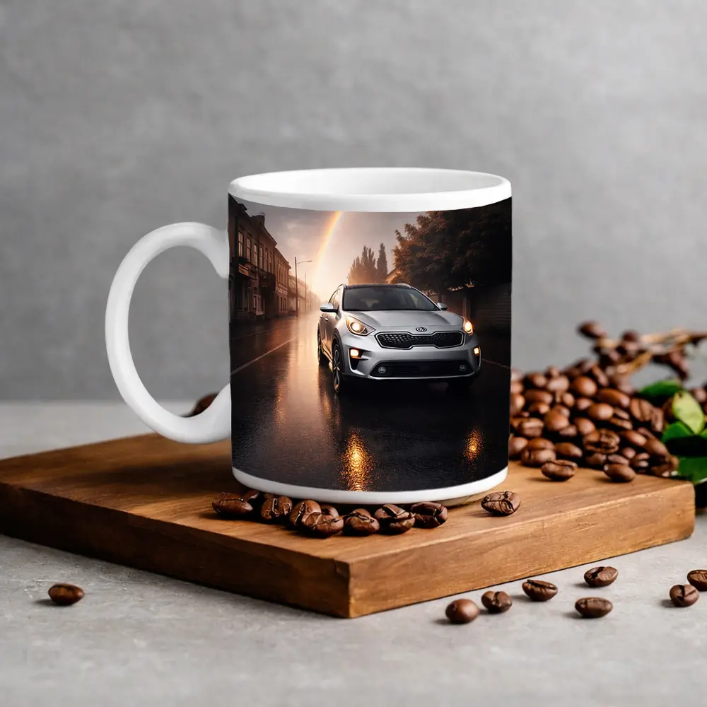 Kia Niro SUV on Rainy Street Rainbow – Mugs