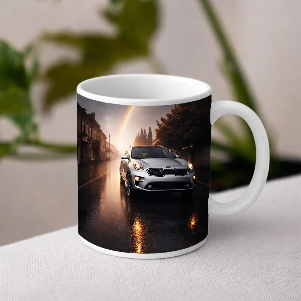 Kia Niro SUV on Rainy Street Rainbow – Mugs