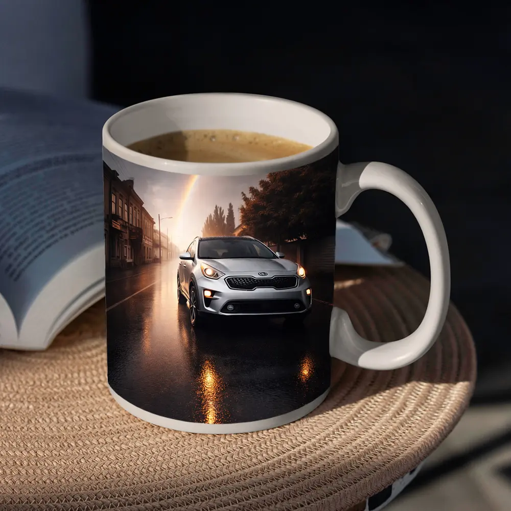 Kia Niro SUV on Rainy Street Rainbow – Mugs