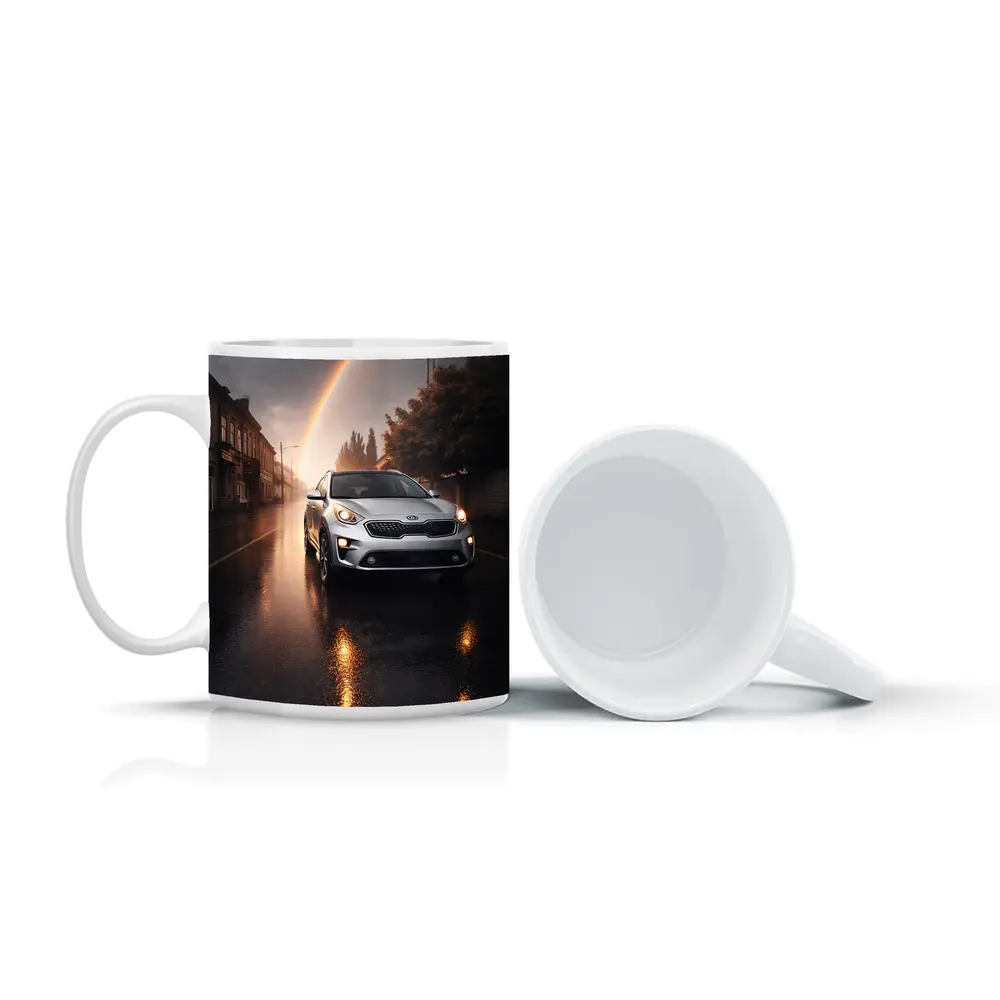 Kia Niro SUV on Rainy Street Rainbow – Mugs