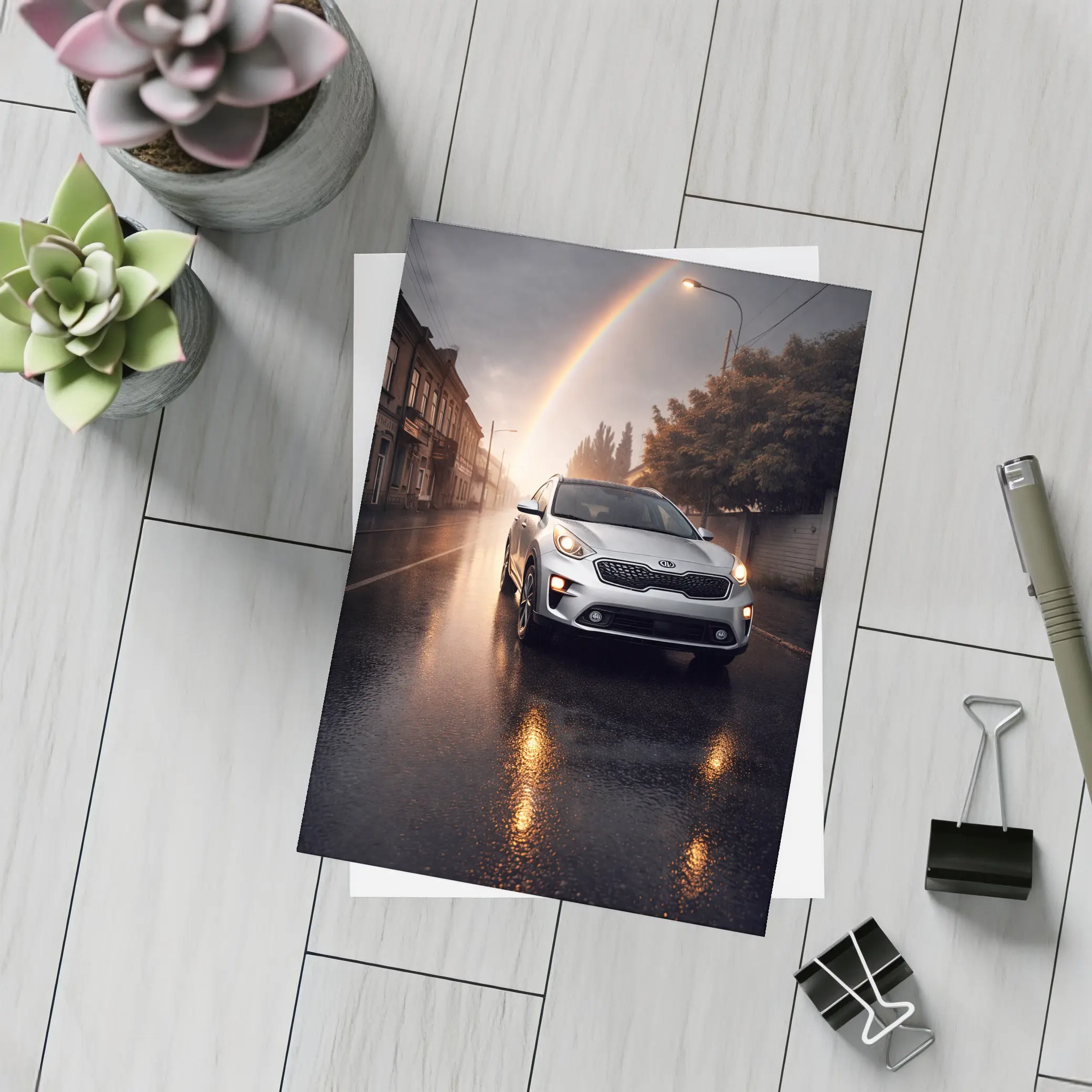 Kia Niro SUV on Rainy Street Rainbow – Postcards