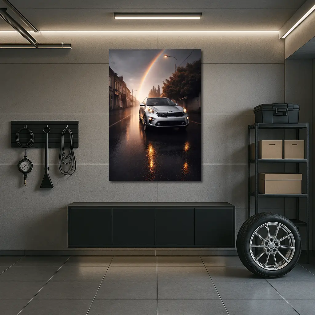 Kia Niro SUV on Rainy Street Rainbow – Wall Art