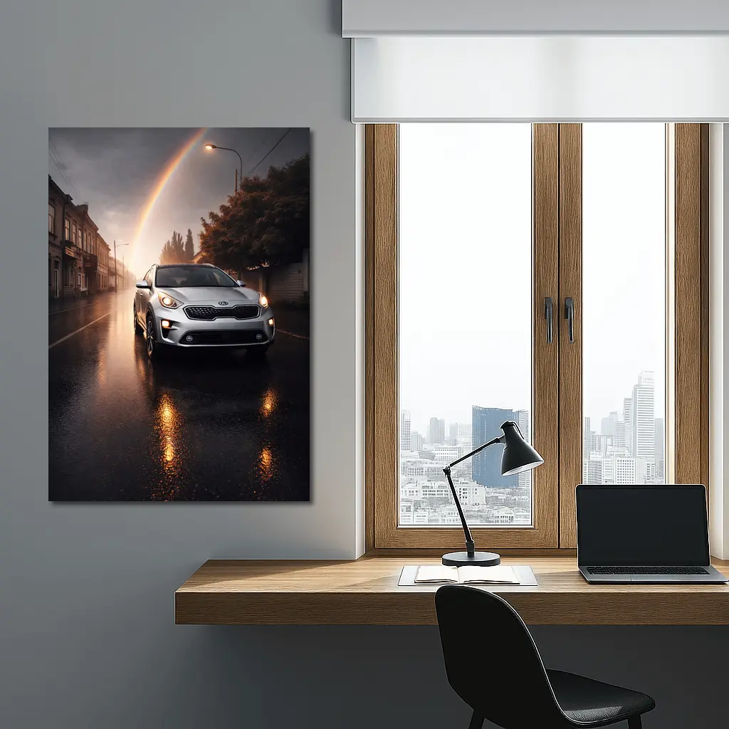Kia Niro SUV on Rainy Street Rainbow – Wall Art